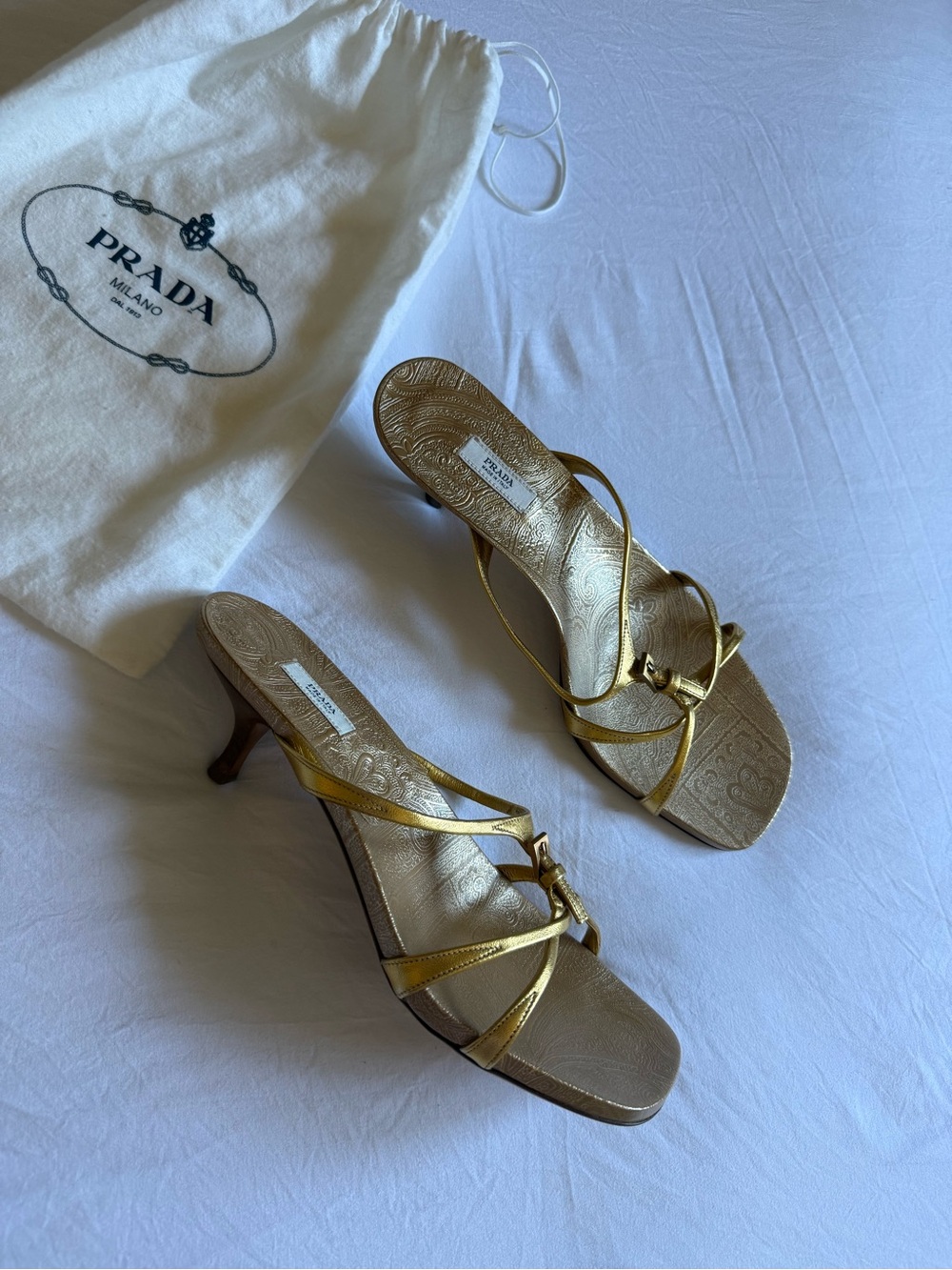 Vintage Prada Metallic Gold Strappy Kitten heels mules/Sandals, size 39.5 - Picture 6 of 14